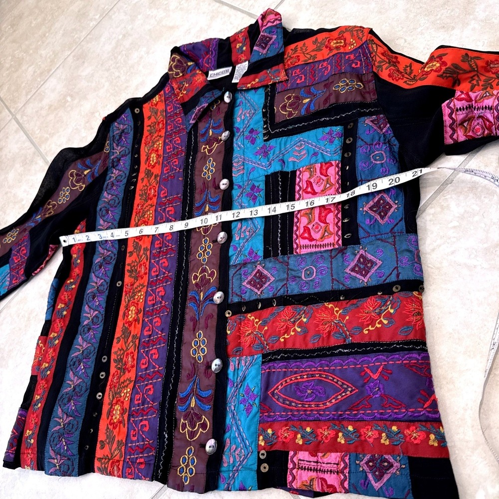 Chicos Patchwork Embroidered Button Front Jacket Multi Color Boho Size 2 - Picture 5 of 10